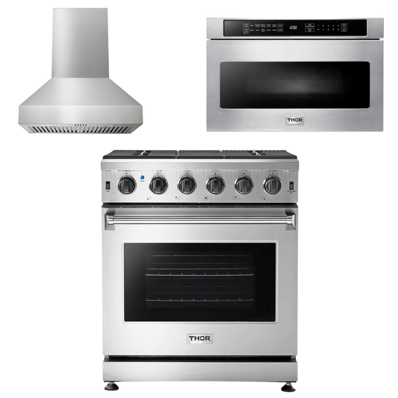 Thor Kitchen Package - 30 In. Natural Gas Range, Range Hood, Microwave Drawer, AP-LRG3001U-W-4