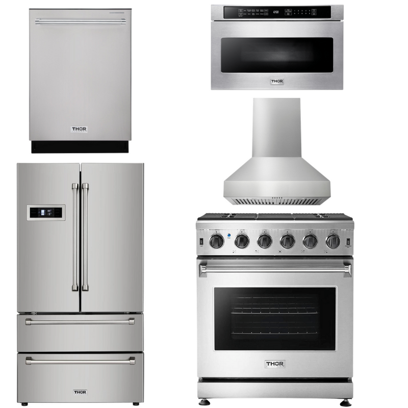 Thor Kitchen Package - 30 In. Propane Gas Range, Range Hood, Microwave Drawer, Refrigerator, Dishwasher, AP-LRG3001ULP-W-5