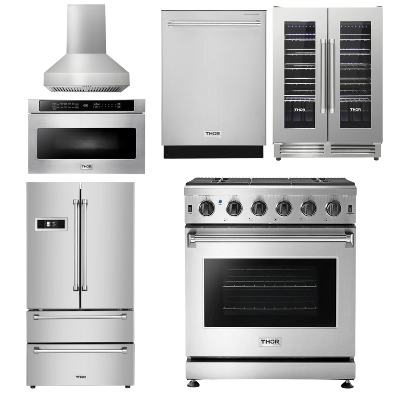 Thor Kitchen Package - 30 In. Gas Range, Range Hood, Microwave Drawer, Refrigerator, Dishwasher, Wine Cooler, AP-LRG3001U-W-6