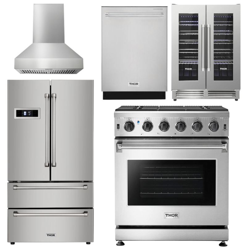 Thor Kitchen Package - 30 In. Natural Gas Range, Range Hood, Refrigerator, Dishwasher, Wine Cooler, AP-LRG3001U-W-3