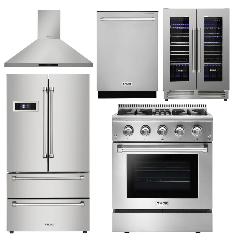 Thor Kitchen Package - 30 in. Gas Burner/Electric Oven Range, Range Hood, Refrigerator, Dishwasher, Wine Cooler, AP-HRD3088U-4