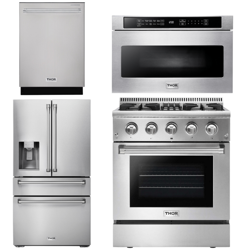 Thor Kitchen Package - 30 in. Gas Burner/Electric Oven Range, Microwave Drawer, Refrigerator with Water and Ice Dispenser, Dishwasher, AP-HRD3088U-12