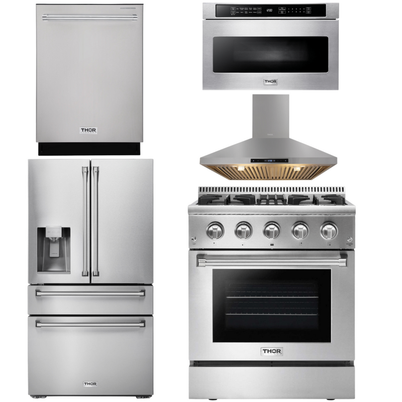 Thor Kitchen Package - 30 in. Gas Burner/Electric Oven Range, Range Hood, Microwave Drawer, Refrigerator with Water and Ice Dispenser, Dishwasher, AP-HRD3088U-13