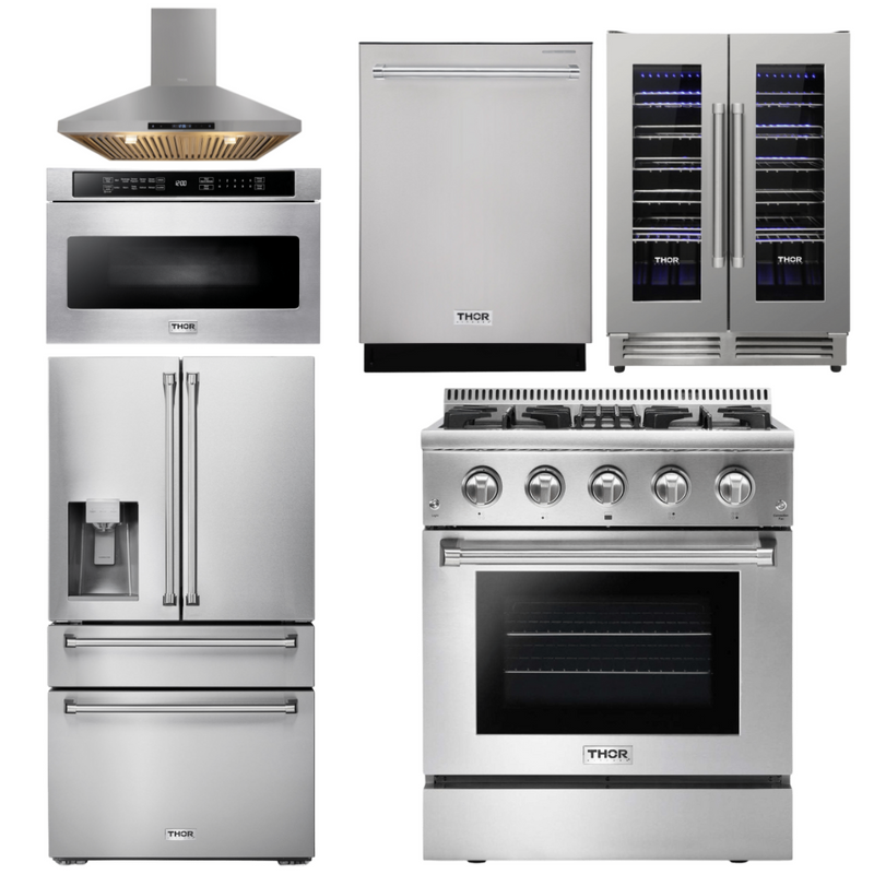 Thor Kitchen Package - 30 In. Propane Gas Burner/Electric Oven Range, Range Hood, Microwave Drawer, Refrigerator, Dishwasher, Wine Cooler, AP-HRD3088ULP-14