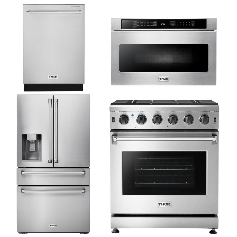 Thor Kitchen Package - 30 in. Propane Gas Range, Microwave Drawer, Refrigerator with Water and Ice Dispenser, Dishwasher, AP-LRG3001ULP-12