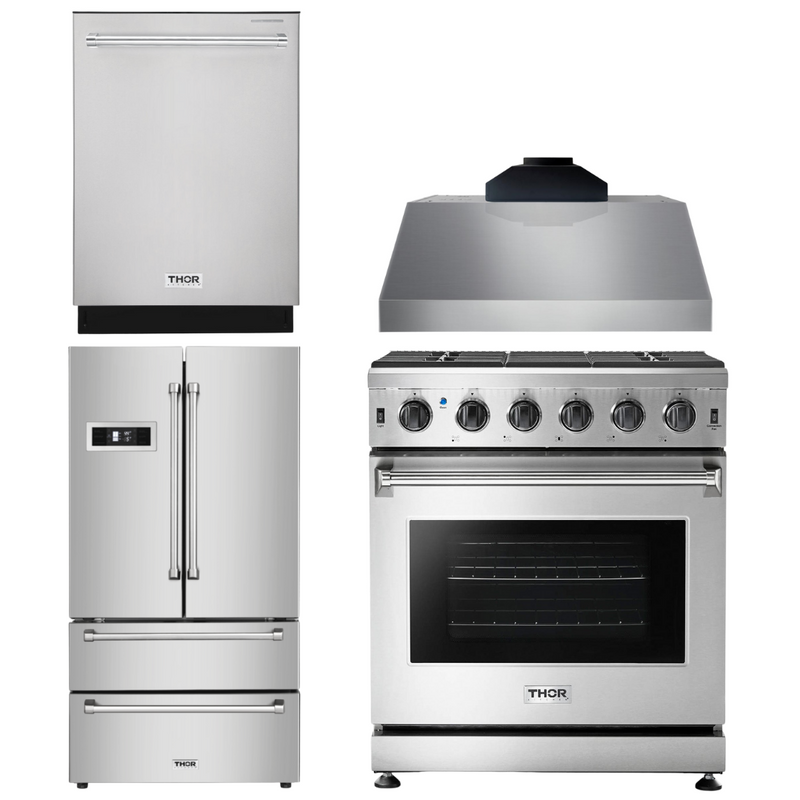 Thor Kitchen Appliance Package - 30 in. Natural Gas Range, Range Hood, Microwave Drawer, Refrigerator, Dishwasher, AP-LRG3001U-TRH-2