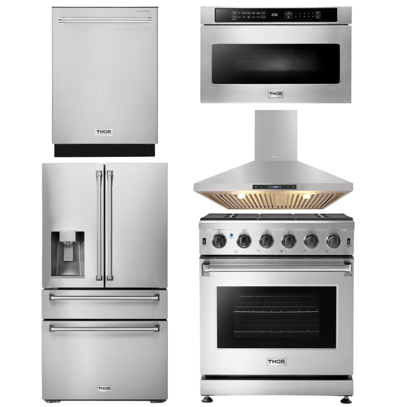 Thor Kitchen Package - 30 in. Propane Gas Range, Range Hood, Microwave Drawer, Refrigerator with Water and Ice Dispenser, Dishwasher, AP-LRG3001ULP-13