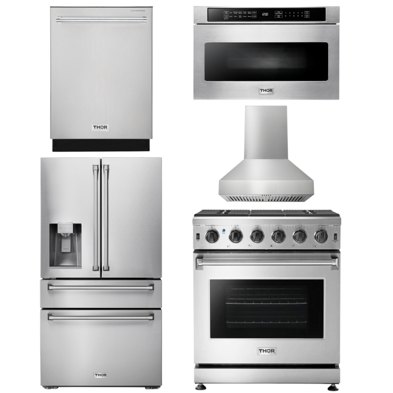 Thor Kitchen Package - 30 In. Gas Range, Range Hood, Microwave Drawer, Refrigerator with Water and Ice Dispenser, Dishwasher, AP-LRG3001U-W-9