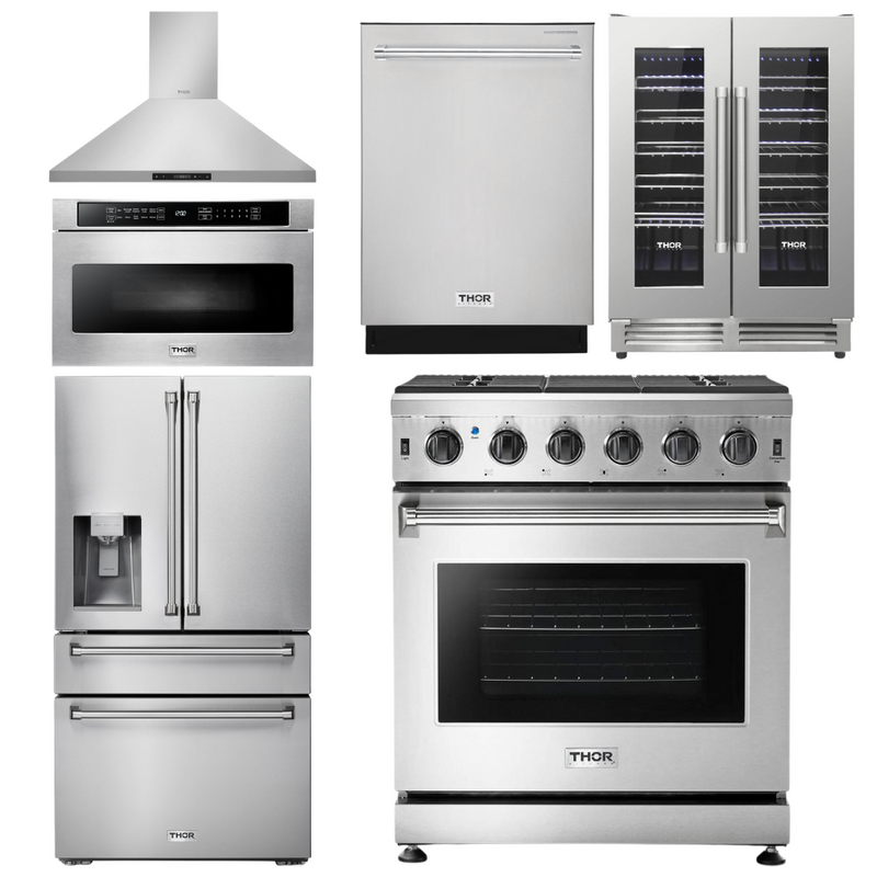 Thor Kitchen Package - 30 in. Propane Gas Range, Range Hood, Microwave Drawer, Refrigerator with Water and Ice Dispenser, Dishwasher, Wine Cooler, AP-LRG3001ULP-14