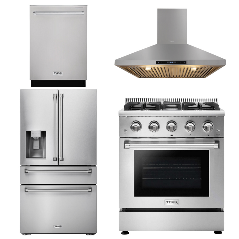 Thor Kitchen Package - 30 In. Gas Range, Range Hood, Refrigerator with Water and Ice Dispenser, Dishwasher, AP-HRG3080U-10