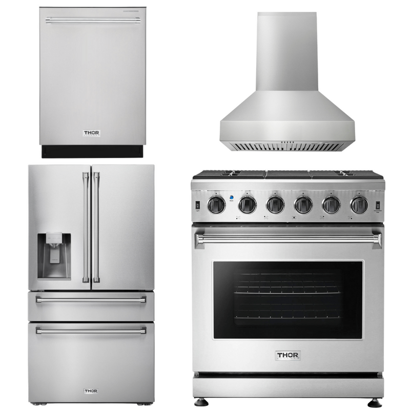 Thor Kitchen Package - 30 In. Gas Range, Range Hood, Refrigerator with Water and Ice Dispenser, Dishwasher, AP-LRG3001U-W-7