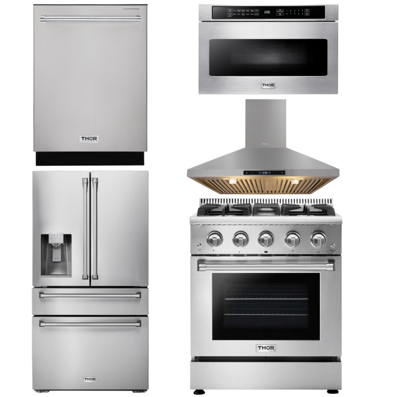 Thor Kitchen Package - 30 In. Professional Gas Range, Range Hood, Microwave Drawer, Refrigerator with Water and Ice Dispenser, Dishwasher, AP-HRG3080U-13