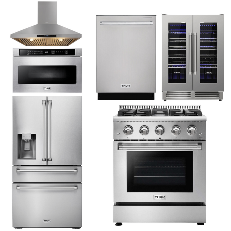 Thor Kitchen Package - 30 In. Propane Gas Range, Range Hood, Microwave Drawer, Refrigerator, Dishwasher, Wine Cooler, AP-HRG3080ULP-14