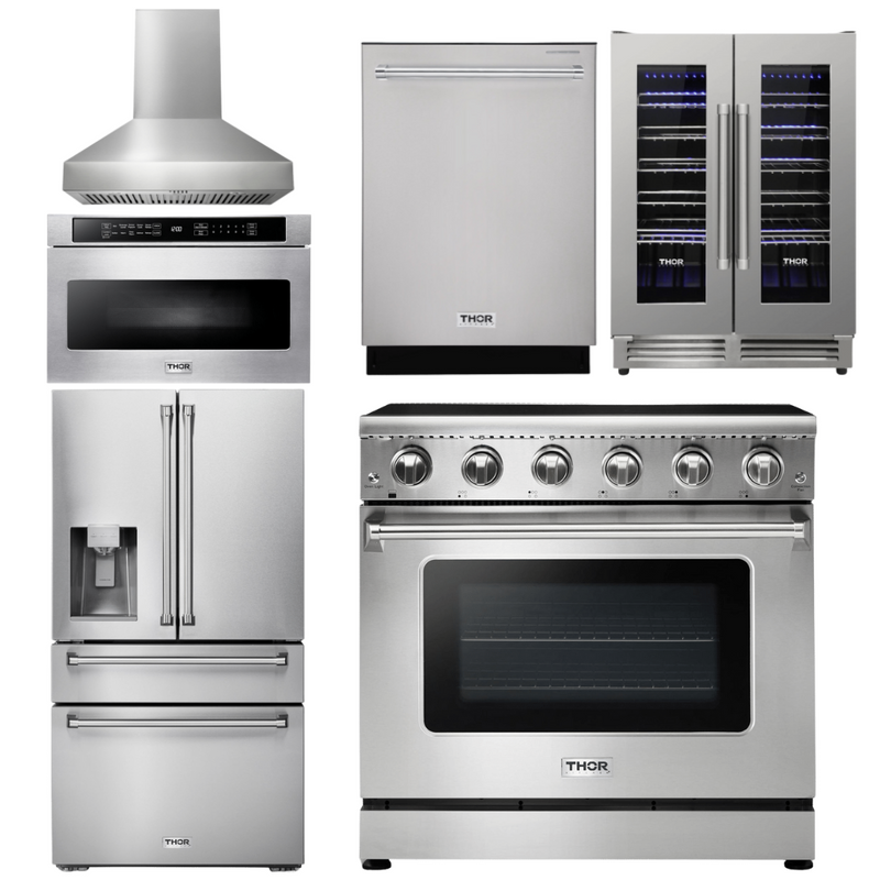 Thor Kitchen Package - 36 In. Electric Range, Range Hood, Microwave Drawer, Refrigerator with Water and Ice Dispenser, Dishwasher, Wine Cooler, AP-HRE3601-W-10