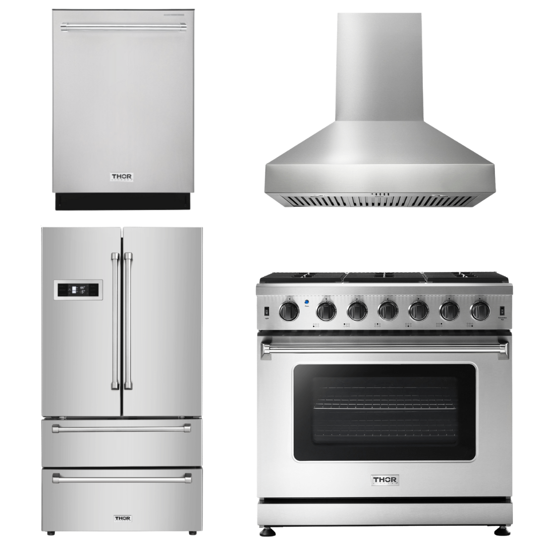 Thor Kitchen Package - 36 In Gas Range, Range Hood, Refrigerator, Dishwasher, AP-LRG3601U-W-2