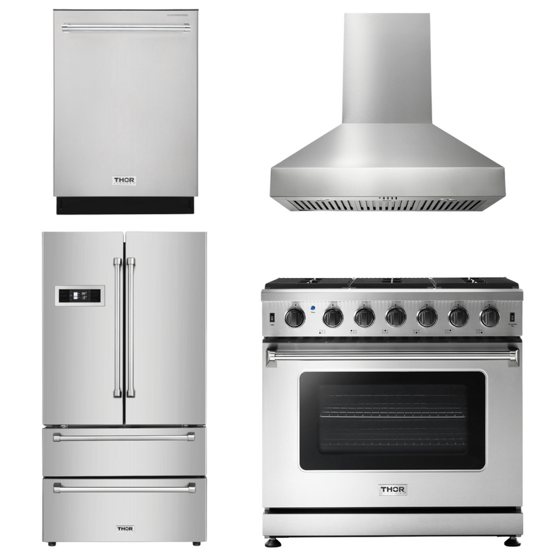 Thor Kitchen Package - 36 In Gas Range, Range Hood, Refrigerator, Dishwasher, AP-LRG3601U-W-2