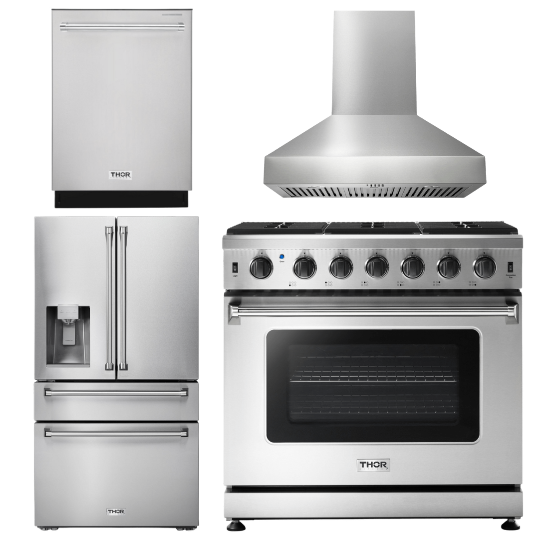 Thor Kitchen Package - 36 In. Gas Range, Range Hood, Refrigerator with Water and Ice Dispenser, Dishwasher, AP-LRG3601U-W-7