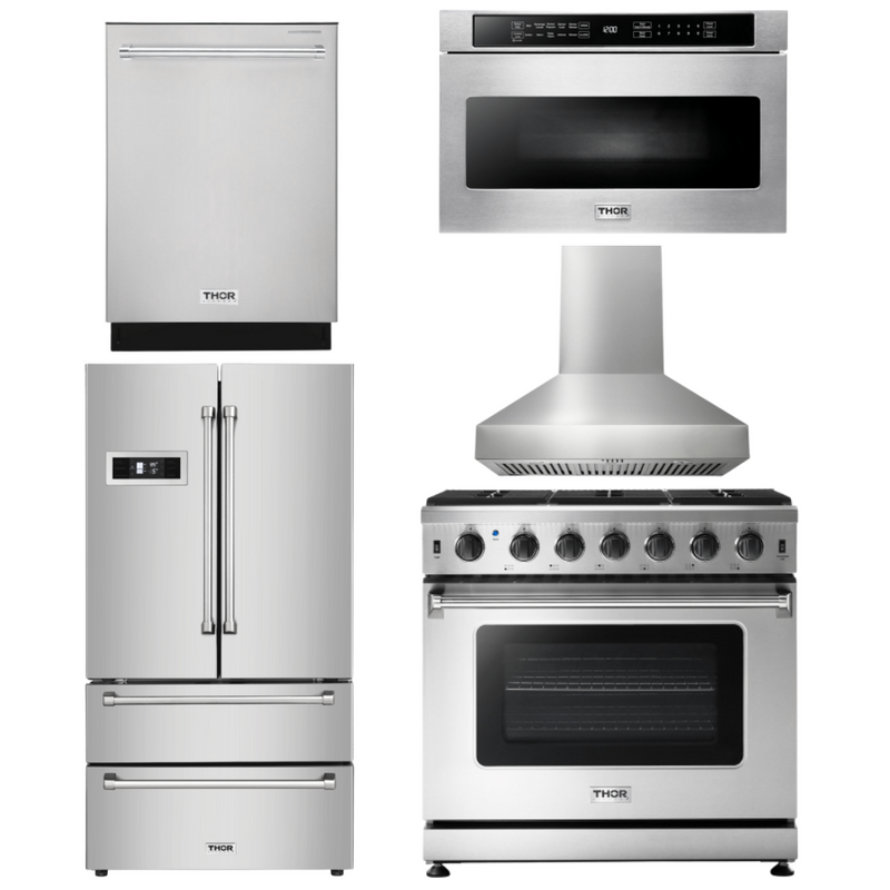 Thor Kitchen Package - 36 In. Propane Gas Range, Range Hood, Microwave Drawer, Refrigerator, Dishwasher, AP-LRG3601ULP-W-5
