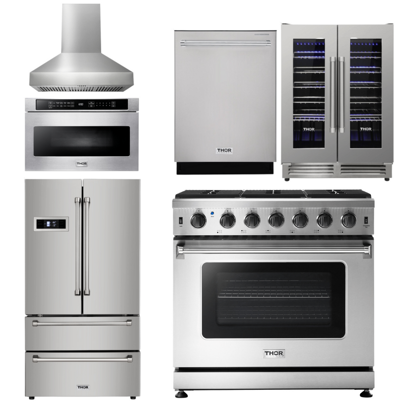 Thor Kitchen Package - 36 Inch Propane Gas Range, Range Hood, Microwave Drawer, Refrigerator, Dishwasher, Wine Cooler, AP-LRG3601ULP-W-6