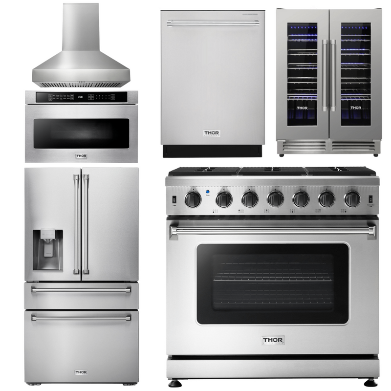 Thor Kitchen Package - 36 Inch Gas Range, Range Hood, Microwave Drawer, Refrigerator with Fridge and Ice Maker, Dishwasher, Wine Cooler, AP-LRG3601U-W-10