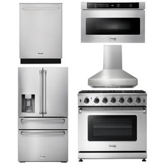 Thor Kitchen Package - 36 Inch Gas Range, Range Hood, Microwave Drawer, Refrigerator with Water and Ice Dispenser, Dishwasher, AP-LRG3601U-W-9