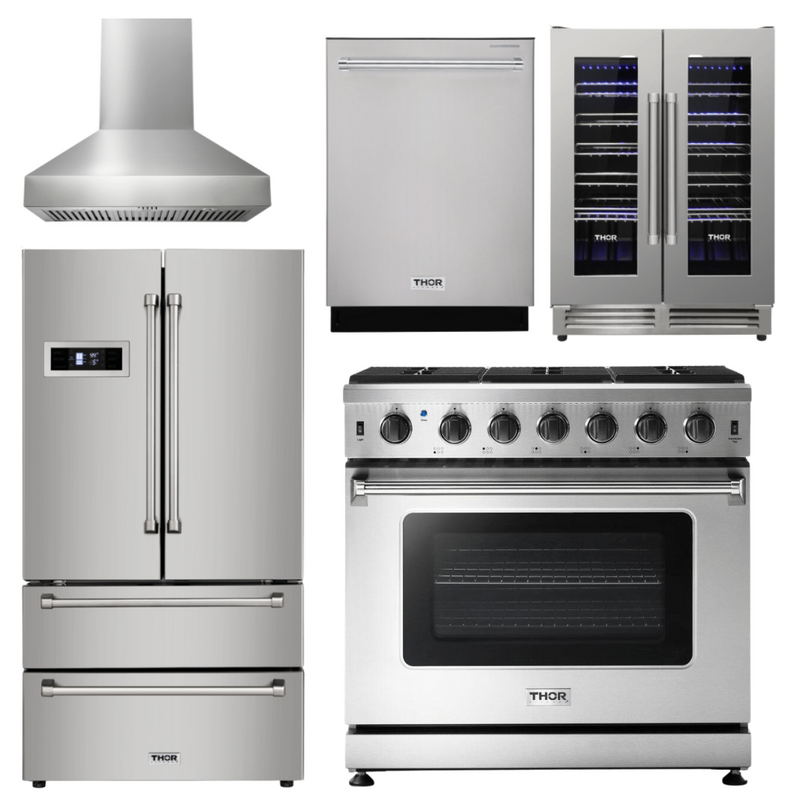 Thor Kitchen Package - 36 In. Propane Gas Range, Range Hood, Refrigerator, Dishwasher, Wine Cooler, AP-LRG3601ULP-W-3