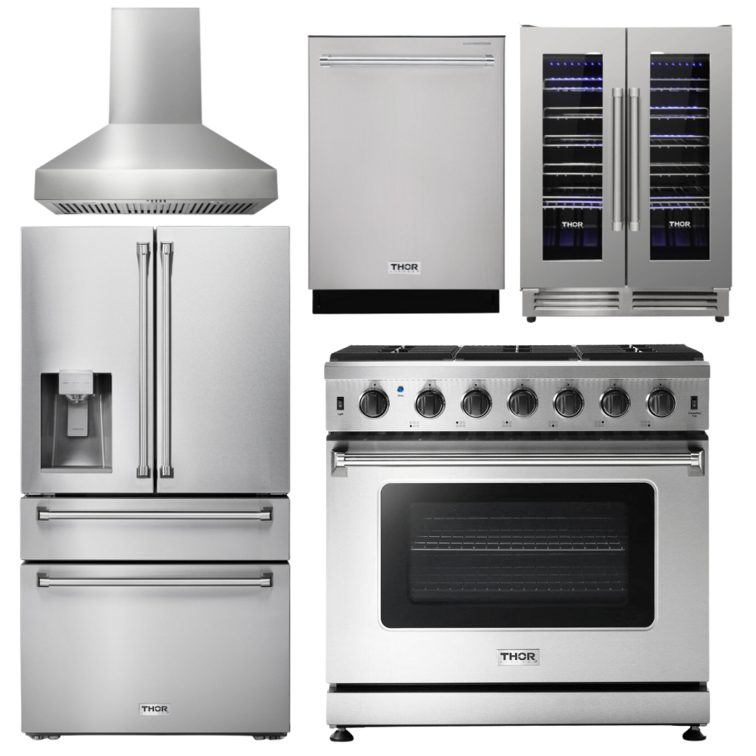 Thor Kitchen Package - 36 Inch Propane Gas Range, Range Hood, Refrigerator with Water and Ice Dispenser, Dishwasher, Wine Cooler, AP-LRG3601ULP-W-8