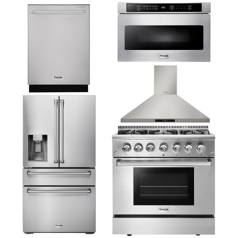 Thor Kitchen Package - 36 in. Propane Gas Burner/Electric Oven Range, Range Hood, Microwave Drawer, Refrigerator with Water and Ice Dispenser, Dishwasher, AP-HRD3606ULP-13