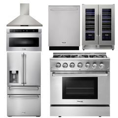 Thor Kitchen Package - 36 in. Propane Gas Burner/Electric Oven Range, Range Hood, Microwave Drawer, Refrigerator with Water and Ice Dispenser, Dishwasher, Wine Cooler, AP-HRD3606ULP-14