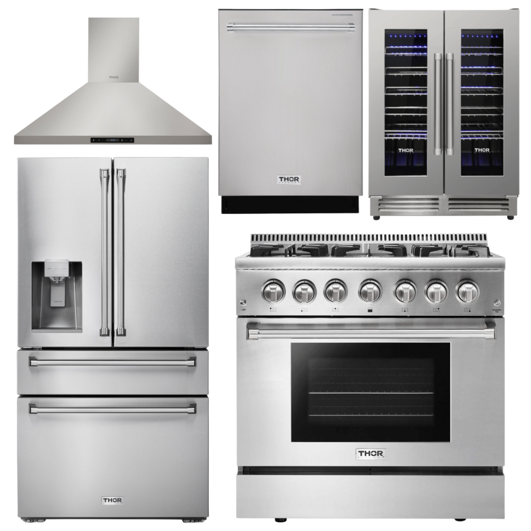 Thor Kitchen Package - 36 In. Gas Burner/Electric Oven Range, Range Hood, Refrigerator with Water and Ice Dispenser, Dishwasher, Wine Cooler, AP-HRD3606U-11