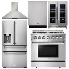 Thor Kitchen Package - 36 In. Gas Burner/Electric Oven Range, Range Hood, Refrigerator with Water and Ice Dispenser, Dishwasher, Wine Cooler, AP-HRD3606U-11
