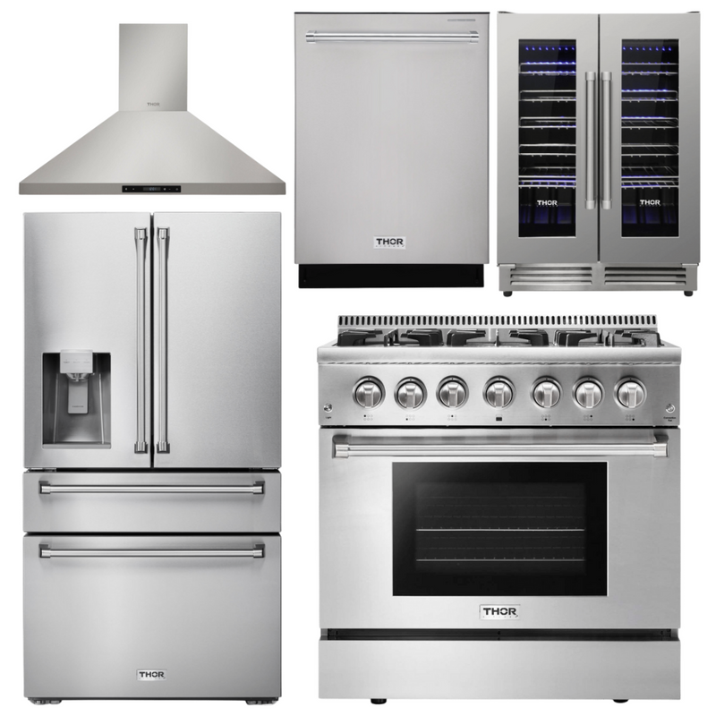 Thor Kitchen Package - 36 In. Propane Gas Burner/Electric Oven Range, Range Hood, Refrigerator with Water and Ice Dispenser, Dishwasher, Wine Cooler, AP-HRD3606ULP-11