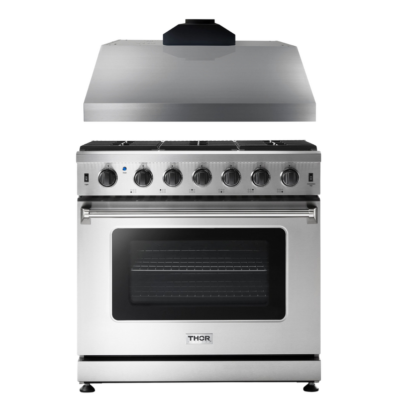 Thor Kitchen Package - 36 in. Natural Gas Range, Range Hood, AP-LRG3601U-TRH