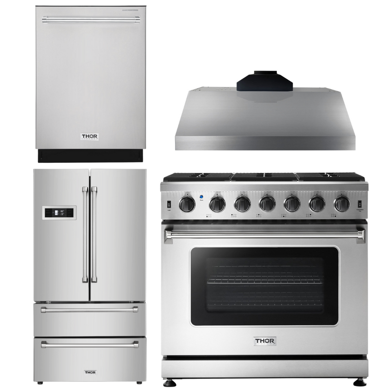 Thor Kitchen Package - 36 in. Natural Gas Range, Range Hood, Refrigerator, Dishwasher, AP-LRG3601U-TRH-2