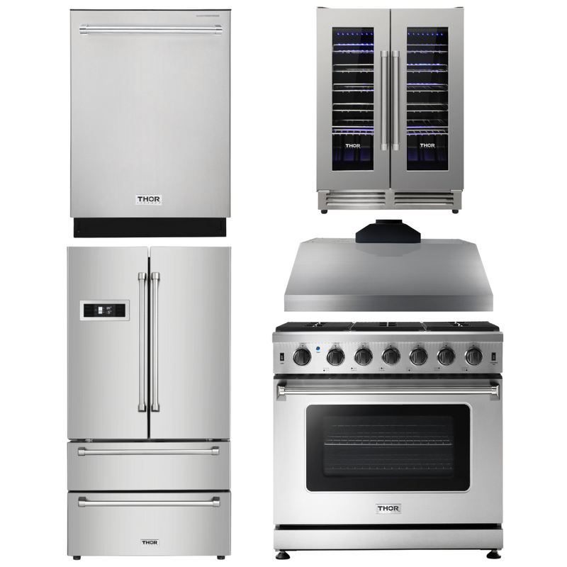 Thor Kitchen Package - 36 in. Natural Gas Range, Range Hood, Refrigerator, Dishwasher, Wine Cooler, AP-LRG3601U-TRH-3