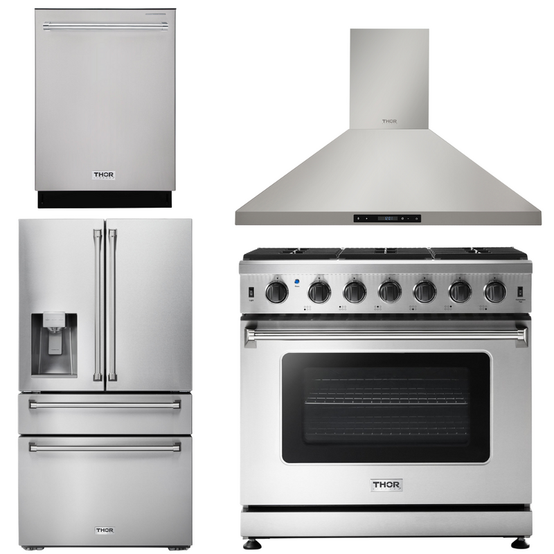 Thor Kitchen Package - 36 in. Propane Gas Range, Range Hood, Refrigerator with Water and Ice Dispenser, Dishwasher, AP-LRG3601ULP-10