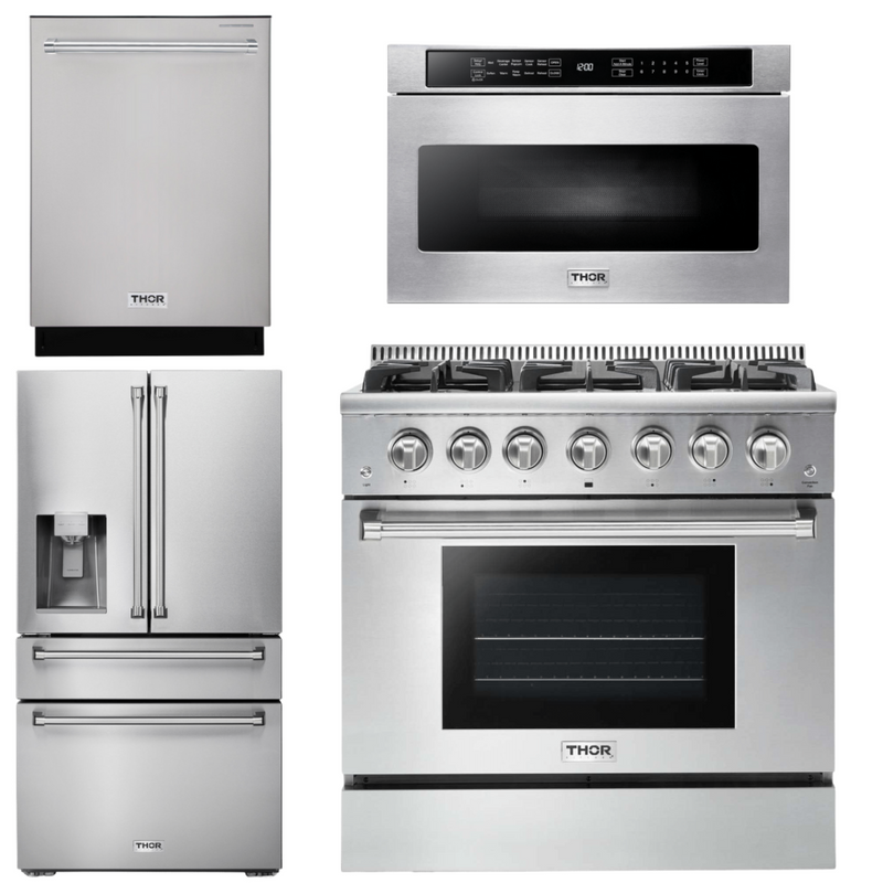 Thor Kitchen Package - 36 in. Natural Gas Range, Microwave Drawer, Refrigerator with Water and Ice Dispenser, Dishwasher, AP-HRG3618U-12