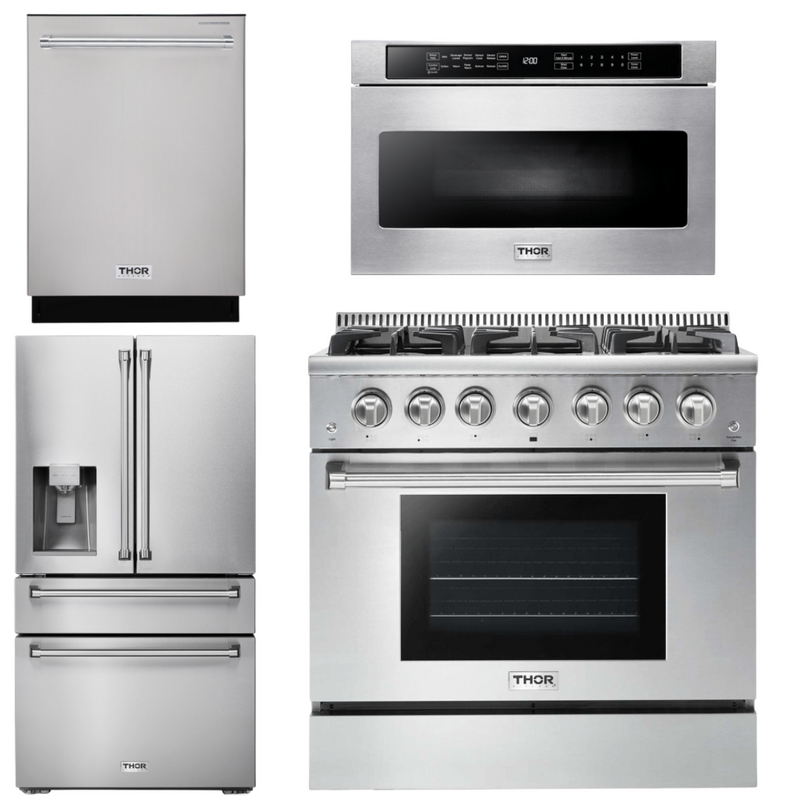 Thor Kitchen Package - 36 in. Propane Gas Range, Microwave Drawer, Refrigerator with Water and Ice Dispenser, Dishwasher, AP-HRG3618ULP-12