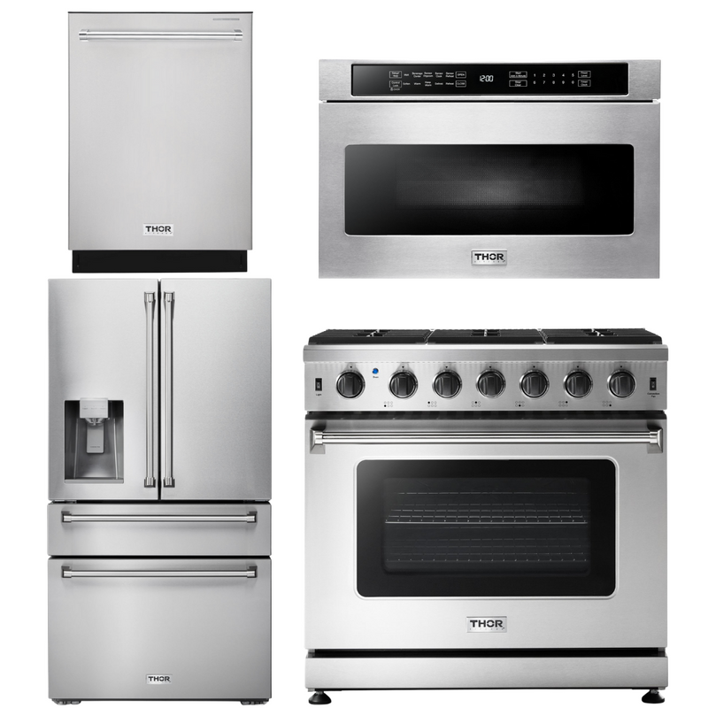 Thor Kitchen Package - 36 in. Natural Gas Range, Microwave Drawer, Refrigerator with Water and Ice Dispenser, Dishwasher, AP-LRG3601U-12