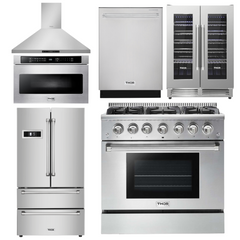 Thor Kitchen Appliance Set - 36 in. Natural Gas Range, Range Hood, Microwave Drawer, Refrigerator, Dishwasher, Wine Cooler, AS-HRG3618U-8