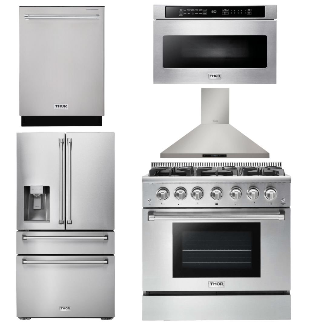 Thor Kitchen Package - 36 in. Propane Gas Range, Range Hood, Microwave Drawer, Refrigerator with Water and Ice Dispenser, Dishwasher, AP-HRG3618ULP-13