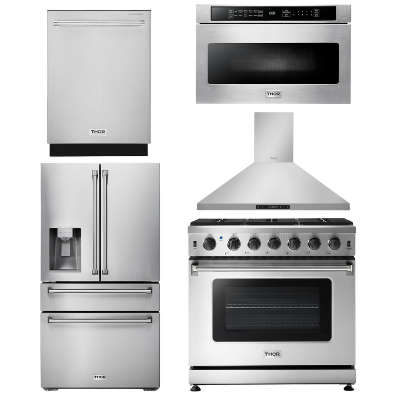 Thor Kitchen Package - 36 in. Propane Gas Range, Range Hood, Microwave Drawer, Refrigerator with Water and Ice Dispenser, Dishwasher, AP-LRG3601ULP-13