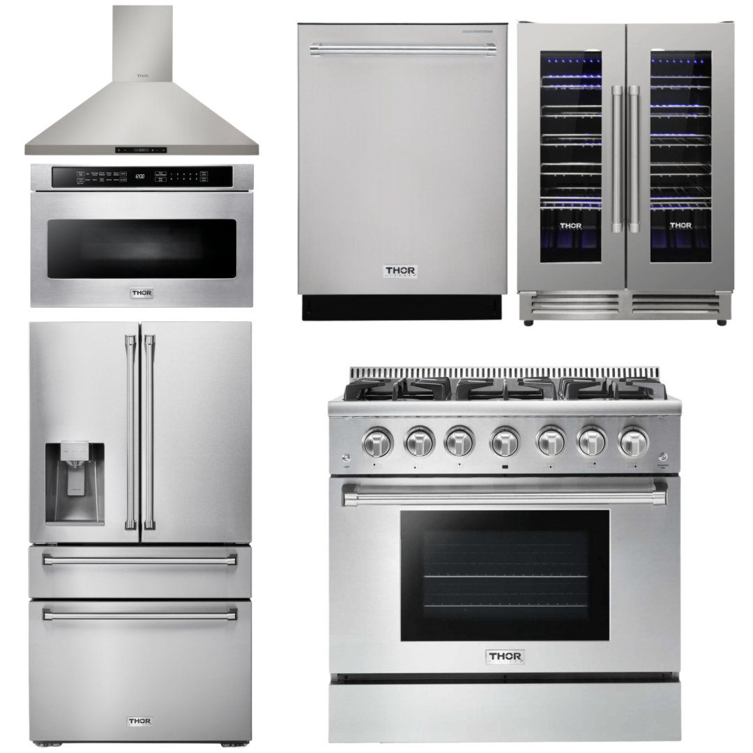 Thor Kitchen Package - 36 In. Propane Gas Range, Range Hood, Microwave Drawer, Refrigerator with Water and Ice Dispenser, Dishwasher, Wine Cooler, AP-HRG3618ULP-14