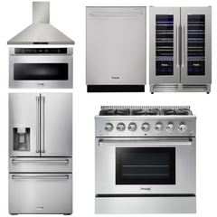 Thor Kitchen Package - 36 In. Propane Gas Range, Range Hood, Microwave Drawer, Refrigerator with Water and Ice Dispenser, Dishwasher, Wine Cooler, AP-HRG3618ULP-14
