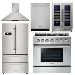 Thor Kitchen Appliance Set - 36 in. Natural Gas Range, Range Hood, Refrigerator, Dishwasher & Wine Cooler, AS-HRG3618U-4