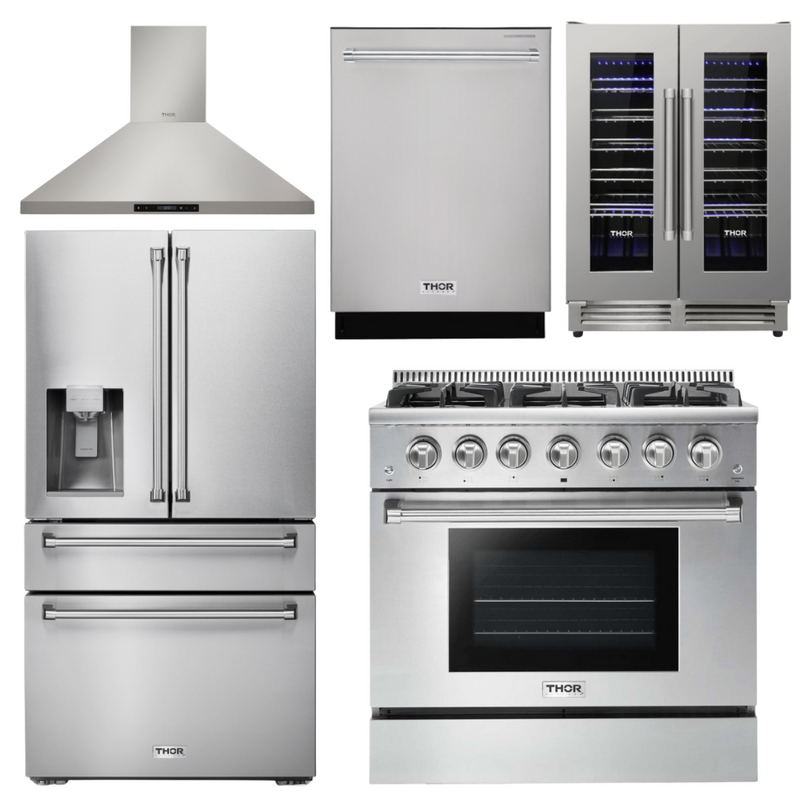Thor Kitchen Package - 36 in. Gas Range, Range Hood, Refrigerator with Water and Ice Dispenser, Dishwasher, Wine Cooler, AP-HRG3618U-11