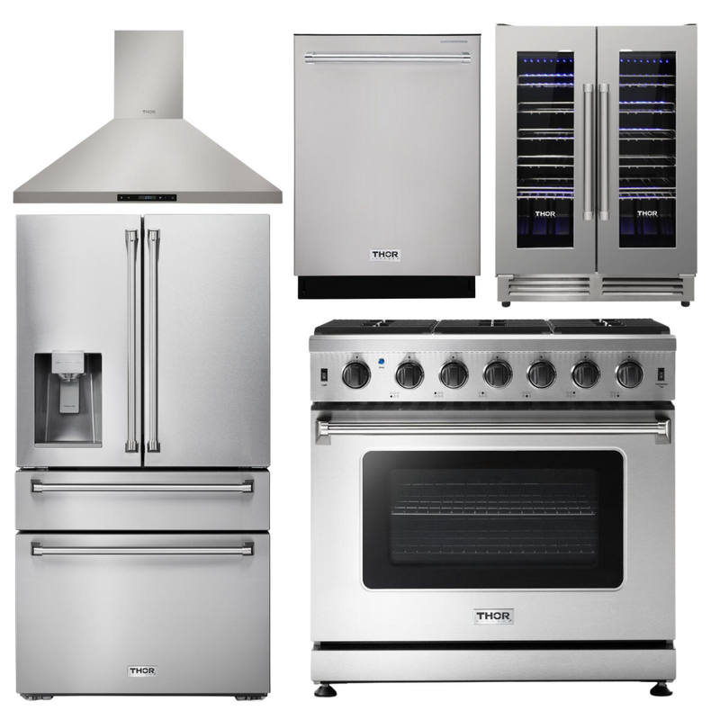 Thor Kitchen Package - 36 in. Propane Gas Range, Range Hood, Refrigerator with Water and Ice Dispenser, Dishwasher, Wine Cooler, AP-LRG3601ULP-11