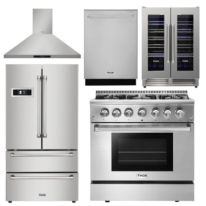 Thor Kitchen Appliance Set - 36 in. Propane Gas Burner/Electric Oven Range, Range Hood, Refrigerator, Dishwasher, Wine Cooler, AS-HRD3606ULP-4