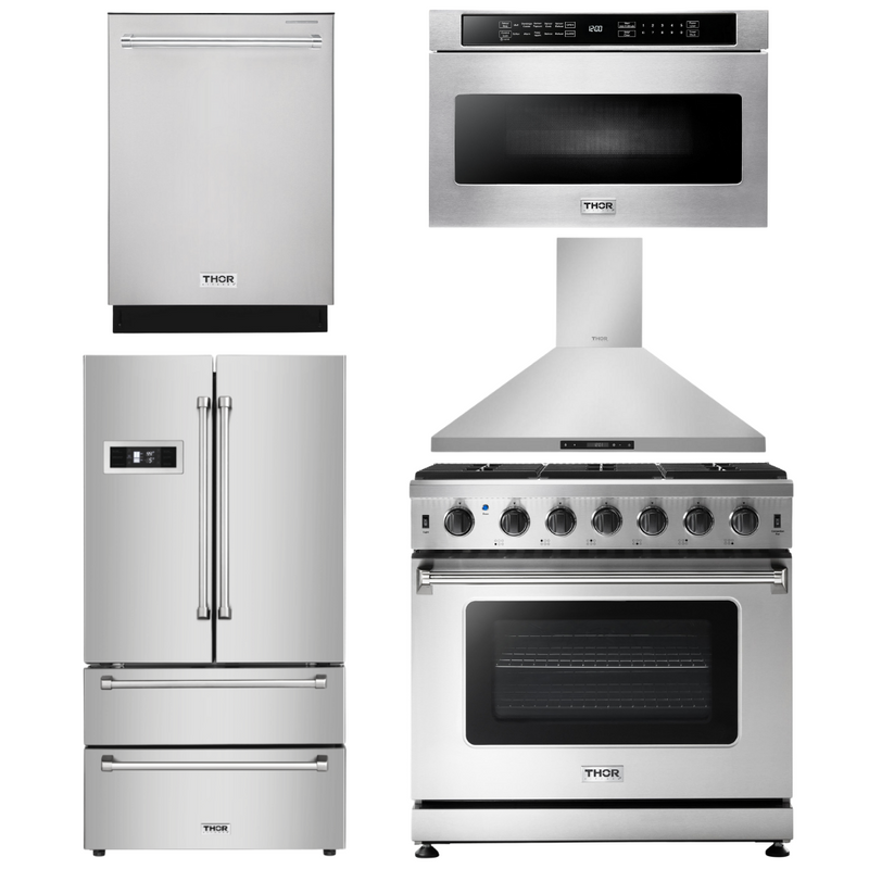 Thor Kitchen Appliance Bundle - 36 In. Propane Gas Range in a 5 Piece Kitchen Set, AB-LRG3601ULP-7