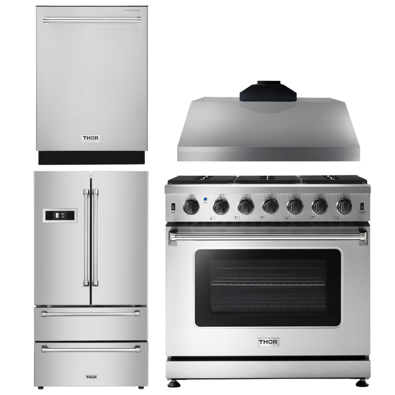 Thor Kitchen Package - 36 in. Propane Gas Range, Range Hood, Refrigerator, Dishwasher, AP-LRG3601ULP-TRH-2